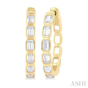 1 1/10 Ctw Bezel Set Emerald Cut Diamond Fashion Hoop Earring in 14K Yellow Gold