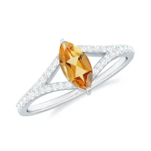 1 CT Split Shank Marquise Cut Citrine Ring with Diamond Accent