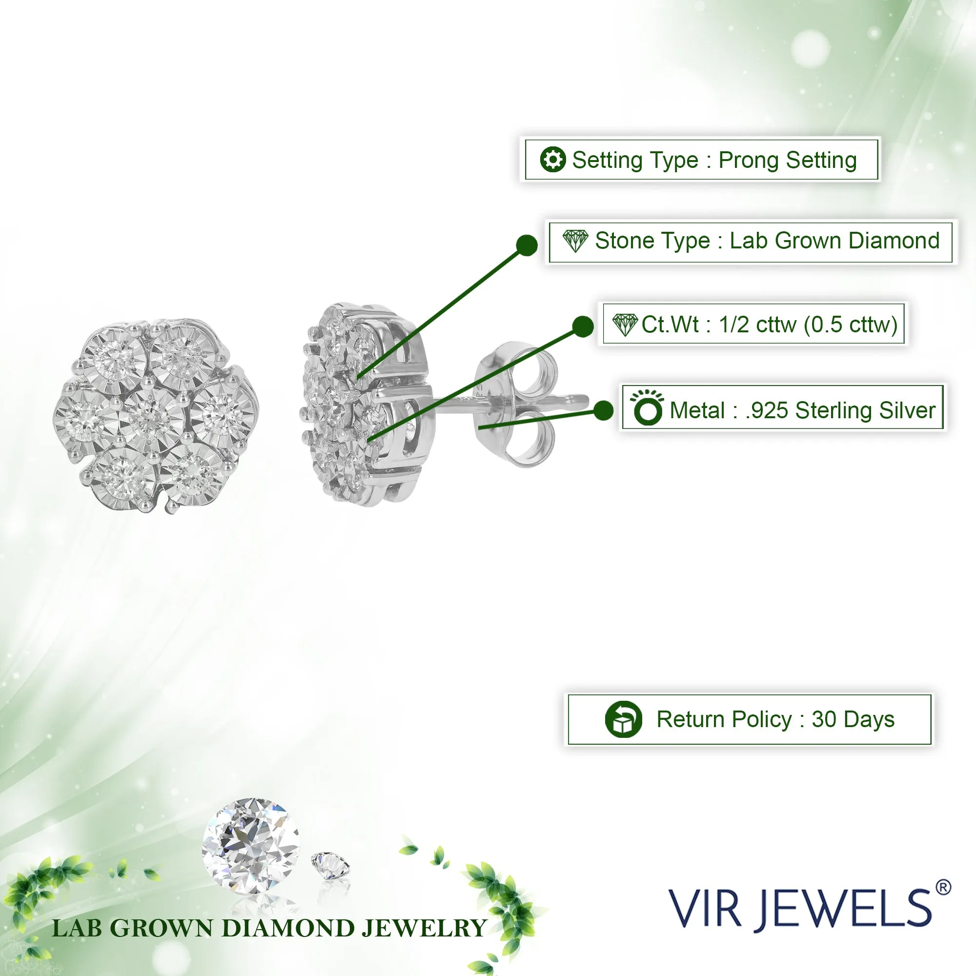 1/2 cttw Lab Grown Diamond Flower Stud Earrings Sterling Silver