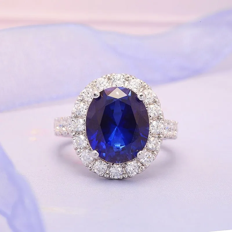 14k Solid White Gold 5.0ct Oval Sapphire Diamond Engagement Ring