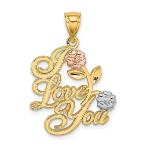 14k Two Tone Gold Rhodium I LOVE YOU Flowers Pendant