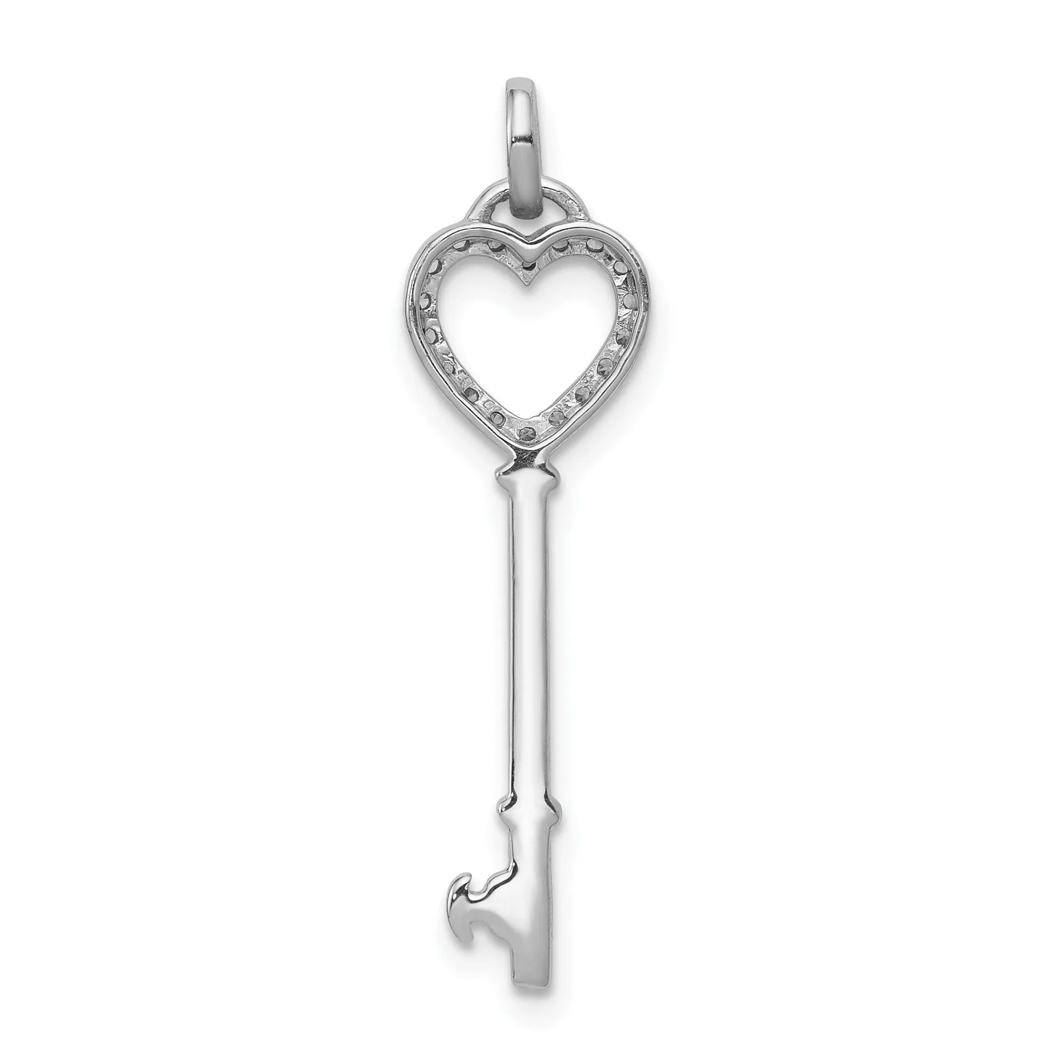 14k White Gold Rhodium 0.108-CT Diamond Fancy Heart Key Design Pendant