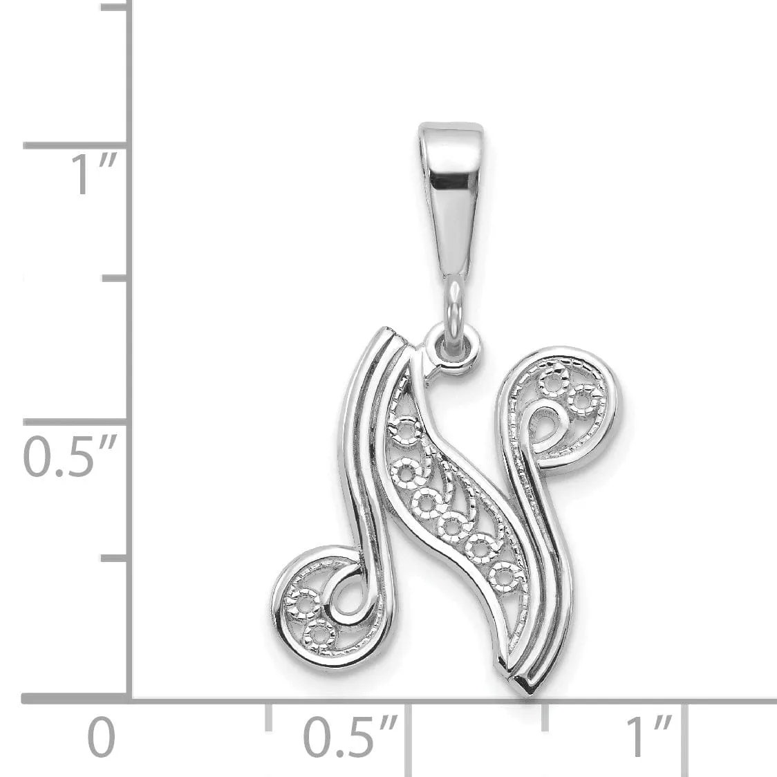 14K White GoldFancy Filigree Script Design Letter N Initial Pendant