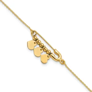 14K yellow gold bracelet safety pin and dangle hearts design