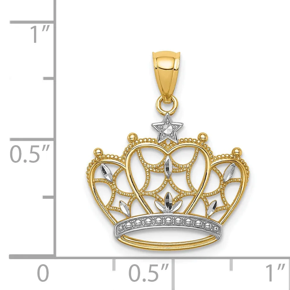 14K Yellow Gold White Rhodium Open Back Solid Polished Diamond Cut Finish Filigree Crown Design Charm Pendant