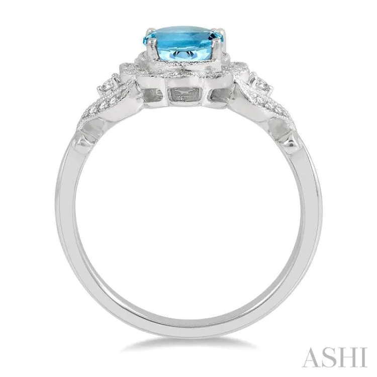 1/6 ctw Floral Lattice Round Cut Diamond and 8x6MM Oval Cut Aquamarine Precious Ring in 10K White Gold