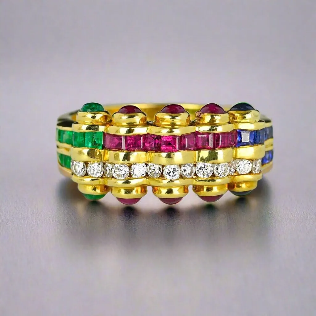 18K Gold Emerald Ruby Sapphire Diamond Tutti Frutti Ring Band