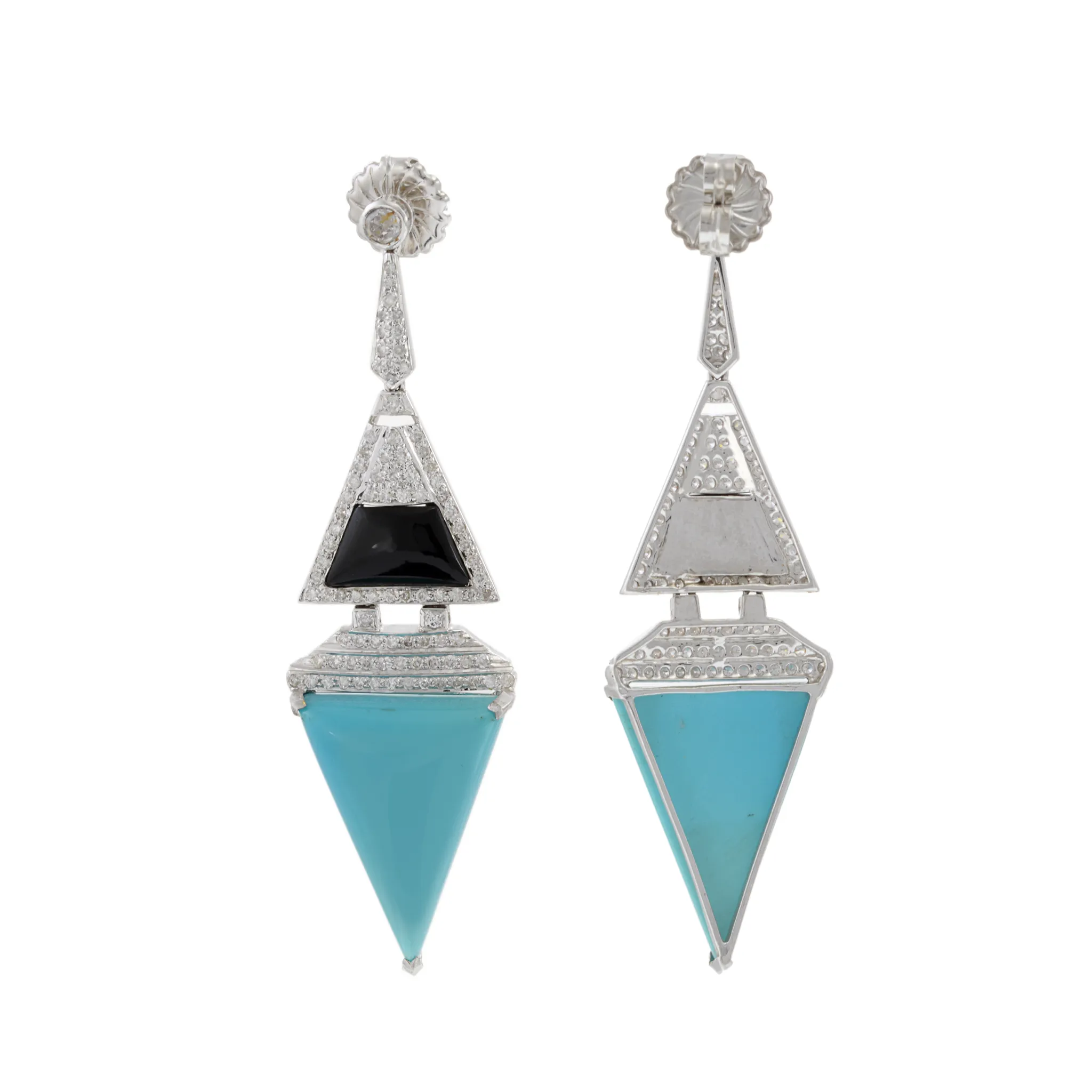 18KT White Gold Triangle Drop Earrings with Round Cut Diamonds, Turquoise, and Black Onyx