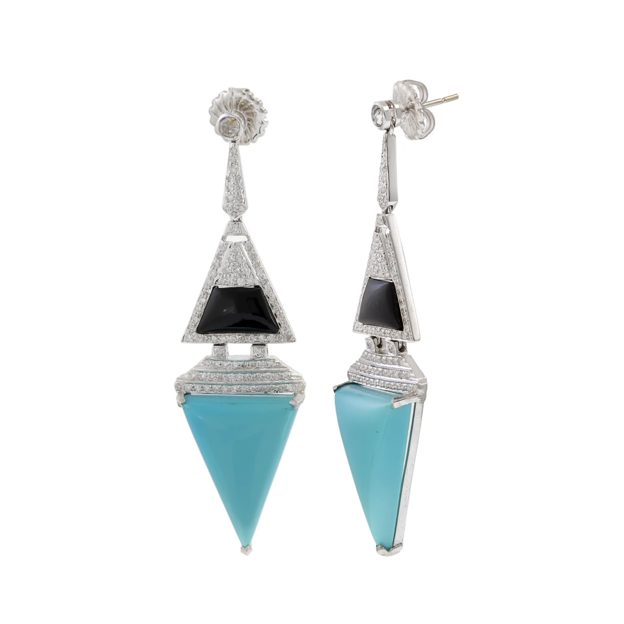 18KT White Gold Triangle Drop Earrings with Round Cut Diamonds, Turquoise, and Black Onyx