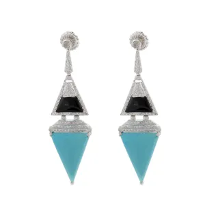 18KT White Gold Triangle Drop Earrings with Round Cut Diamonds, Turquoise, and Black Onyx