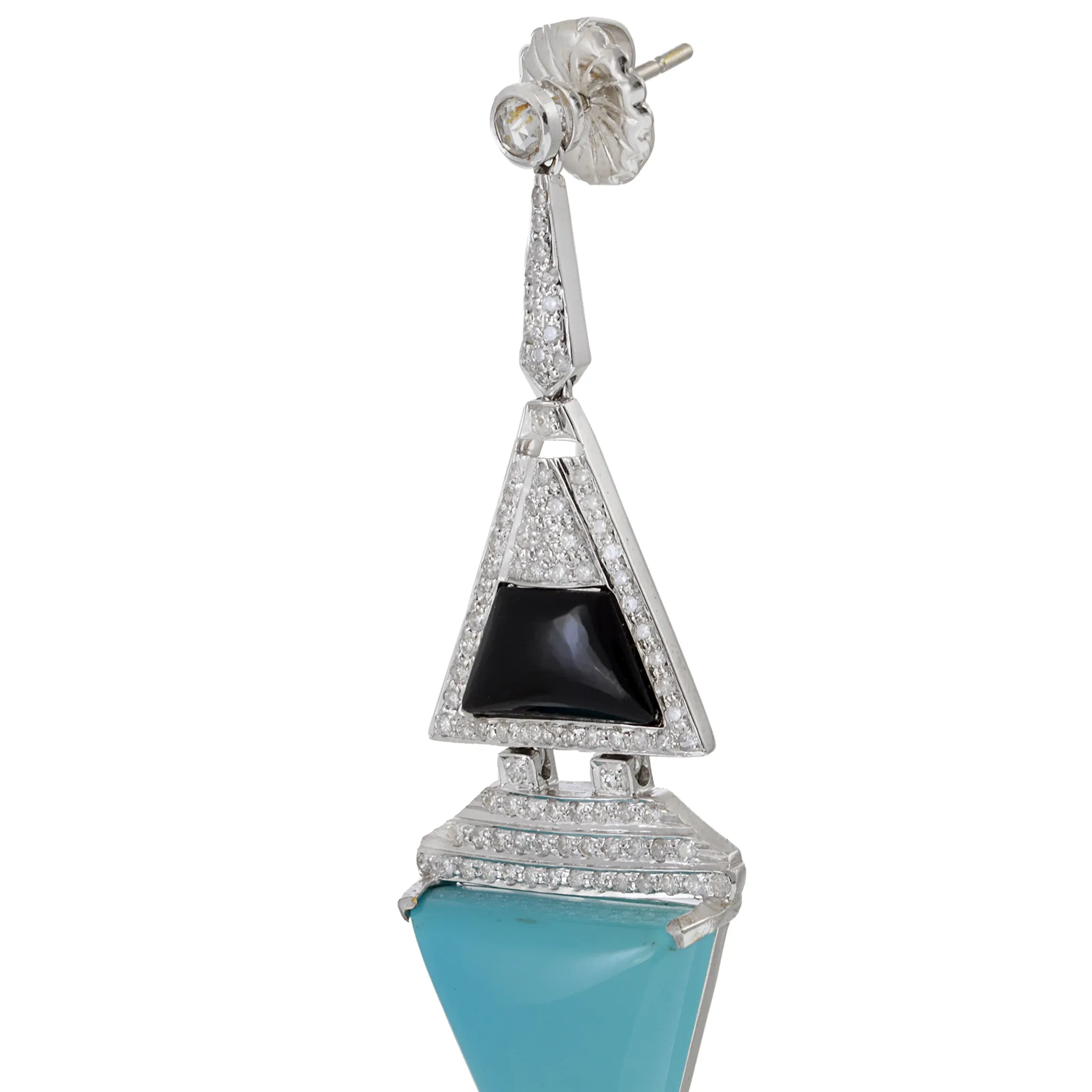 18KT White Gold Triangle Drop Earrings with Round Cut Diamonds, Turquoise, and Black Onyx