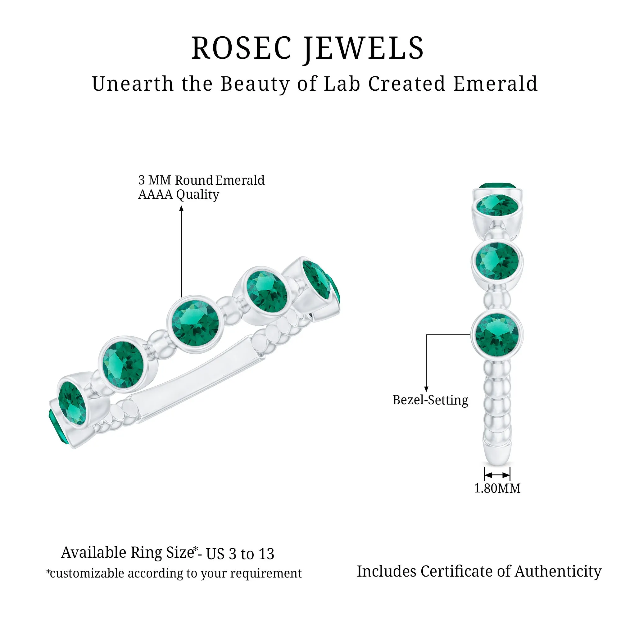 3/4 CT Created Emerald Stackable Ring with Beaded Details