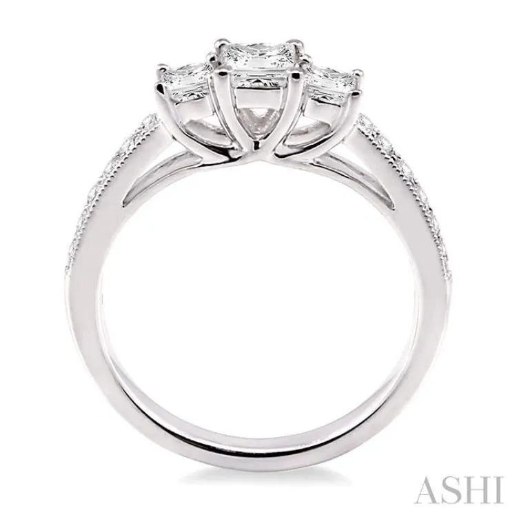 3/4 Ctw Diamond Engagement Ring with 1/3 Ct Princess Cut Center Stone in 14K White Gold