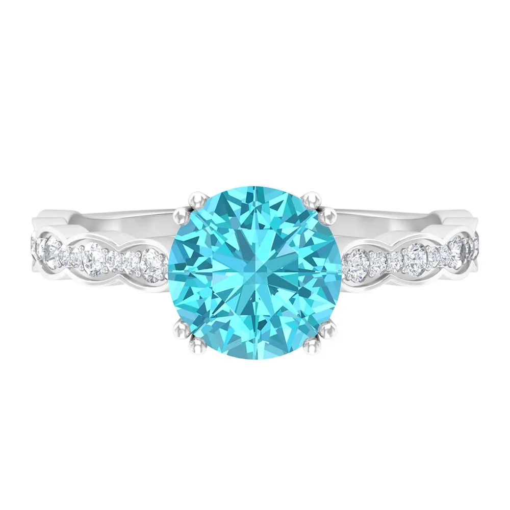 8 MM Swiss Blue Topaz Solitaire Engagement Ring in Double Prong Setting with Diamond