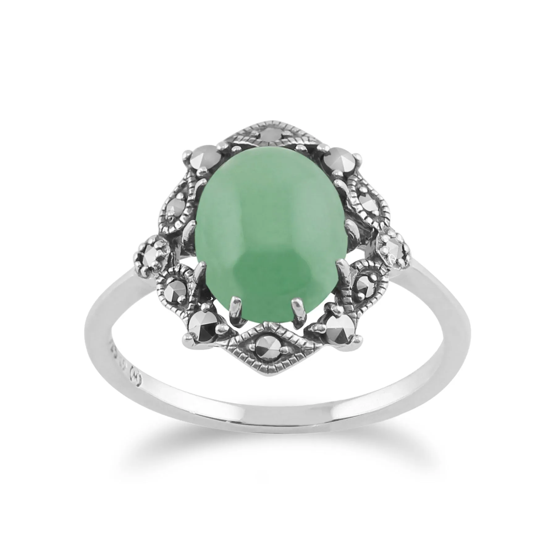 925 Sterlingsilber Jugendstil Vintage Inspiriert Grüne Jade & Markasit Ring