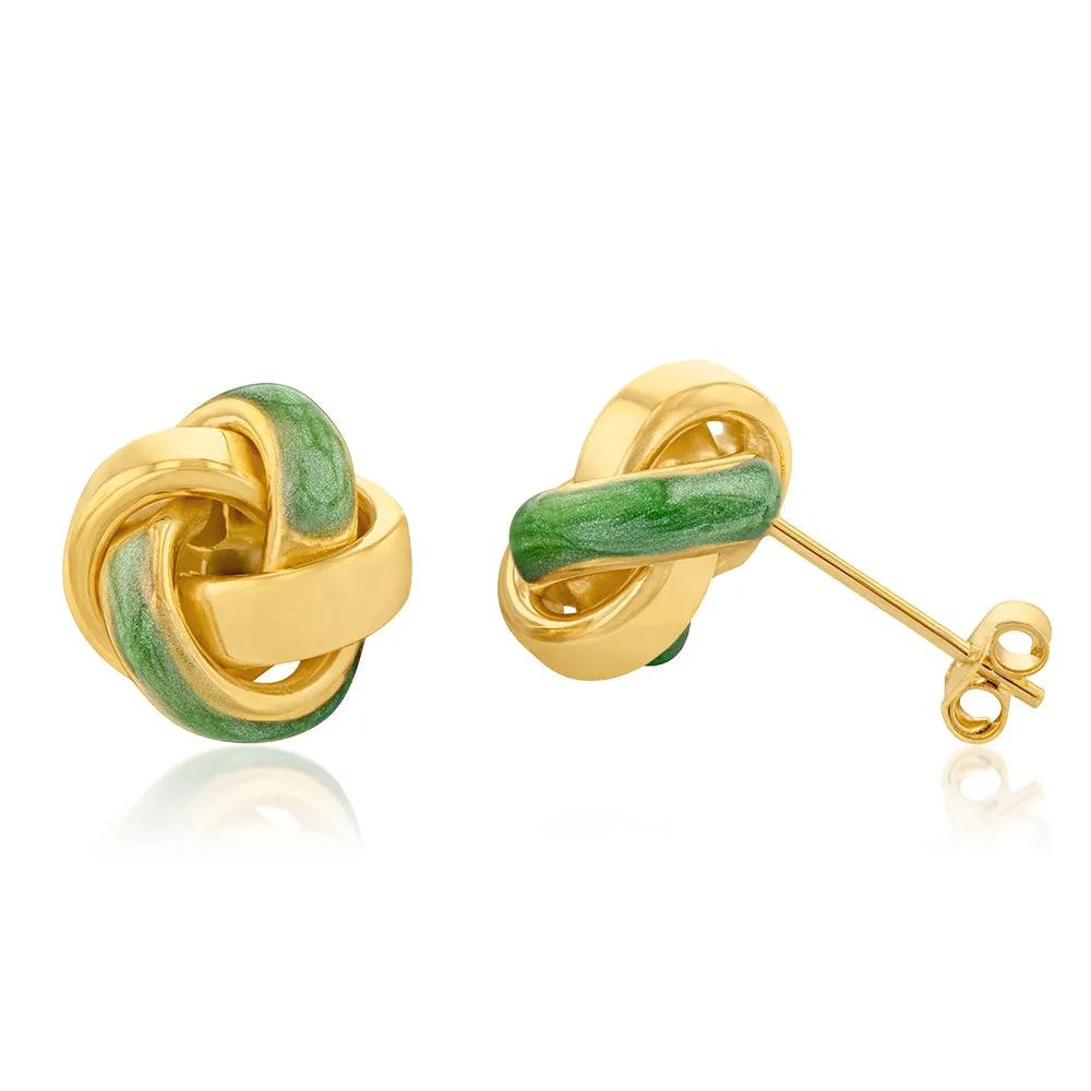 9ct Yellow Gold Green Enamel 4 Way Knot Stud Earrings