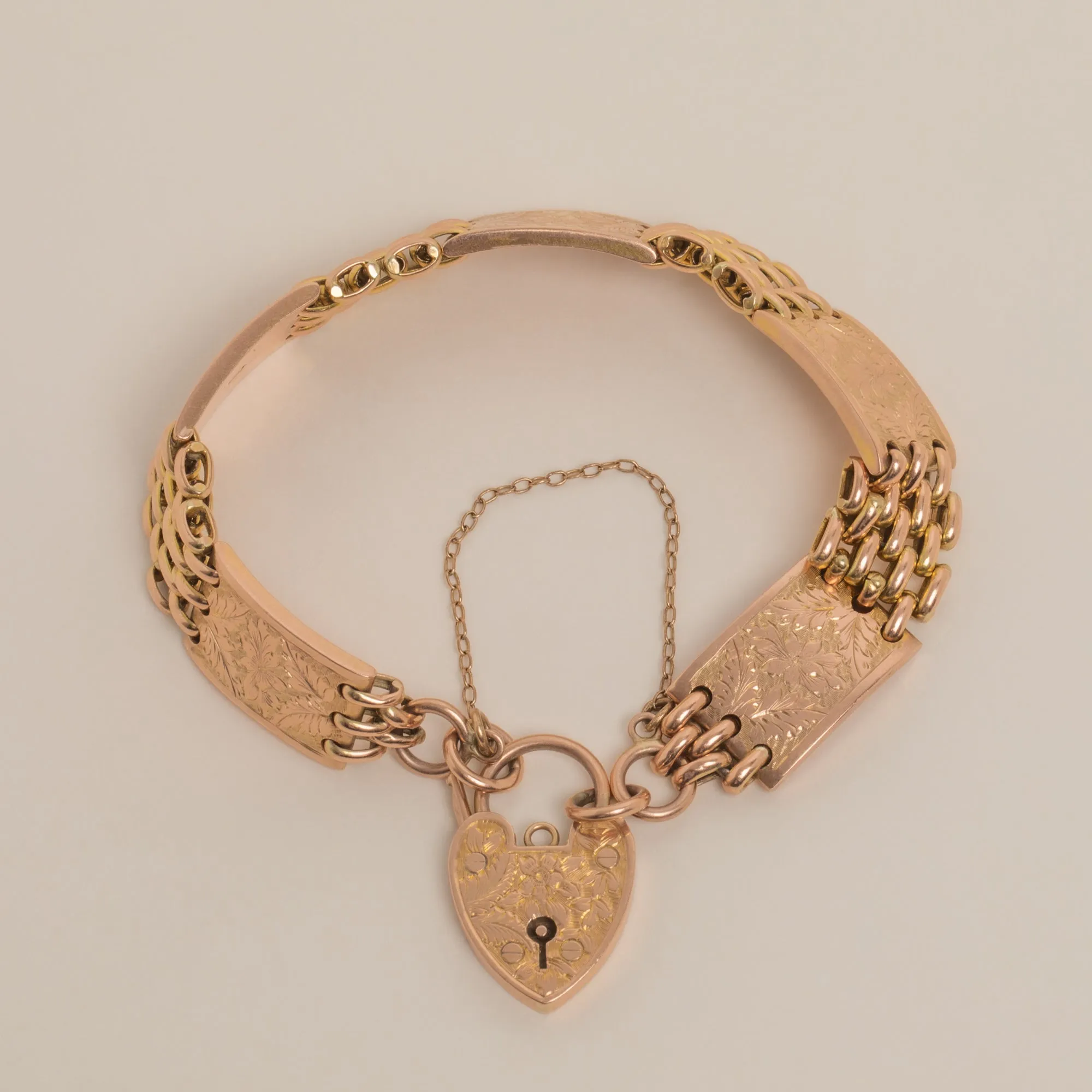 Antique 9ct Gold Engraved Gate Bracelet, Heart Padlock