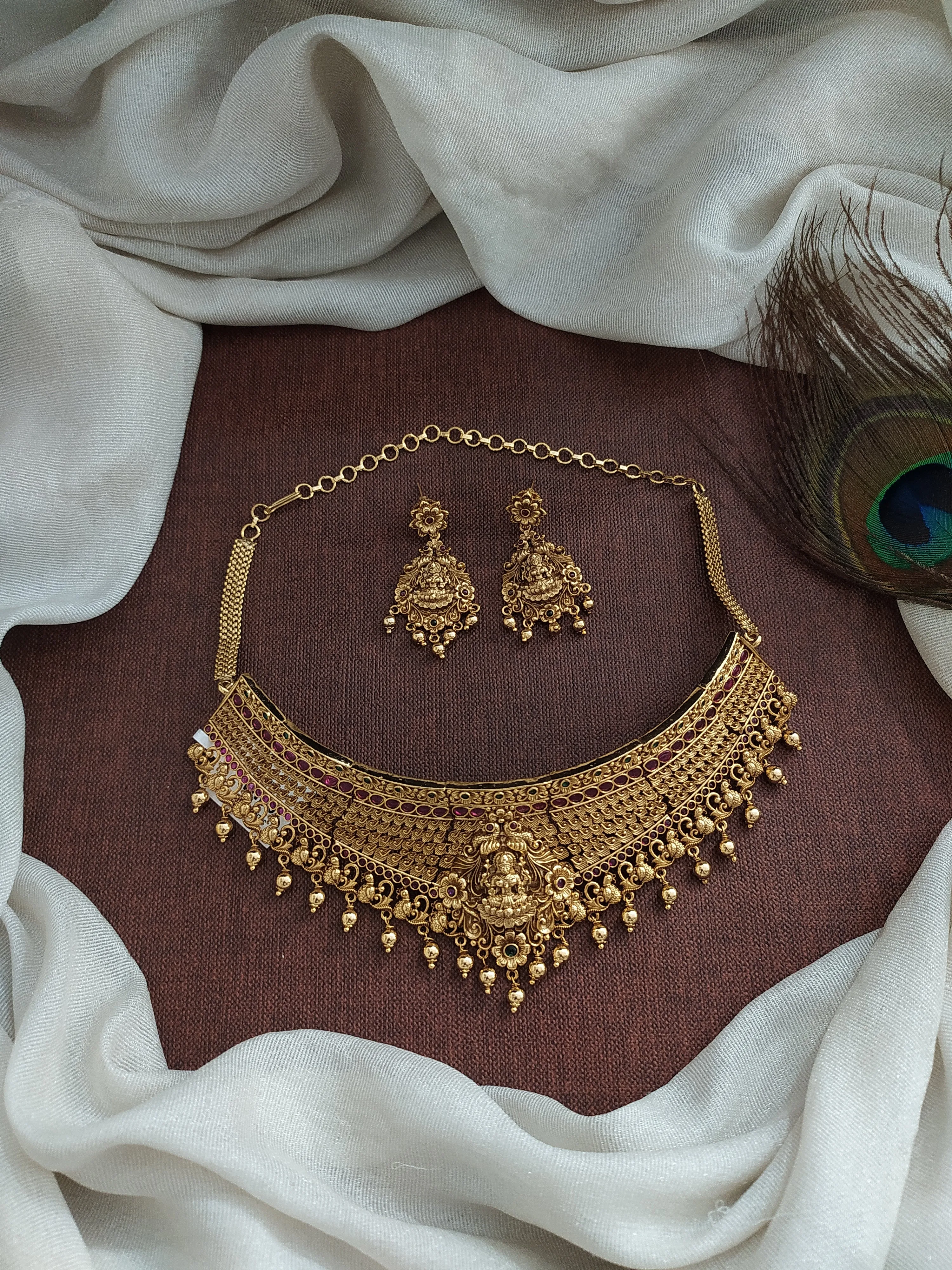 Antique Floral-Peacock Designed Gold Lakshmi Choker Set with Earrings