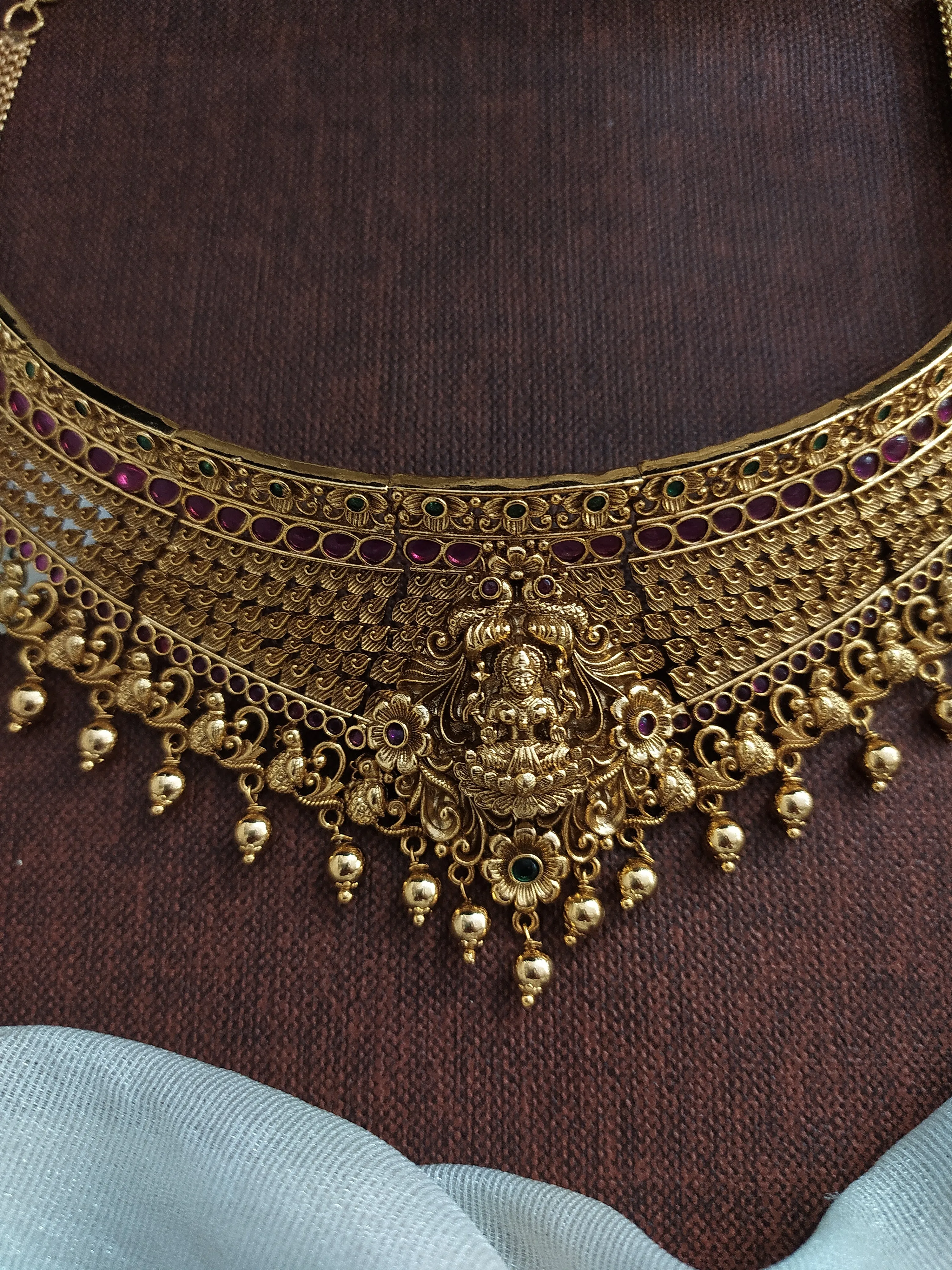 Antique Floral-Peacock Designed Gold Lakshmi Choker Set with Earrings