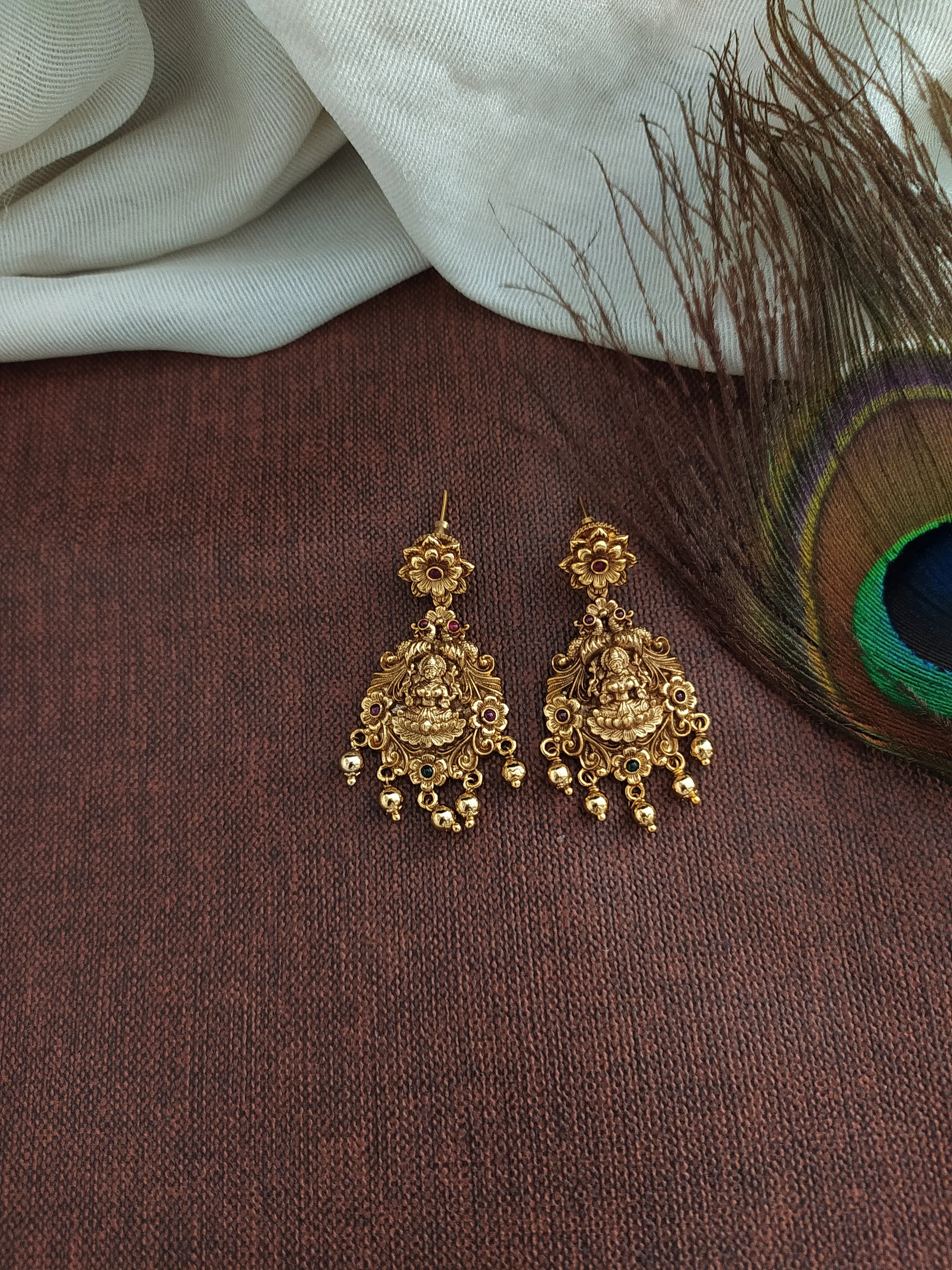 Antique Floral-Peacock Designed Gold Lakshmi Choker Set with Earrings