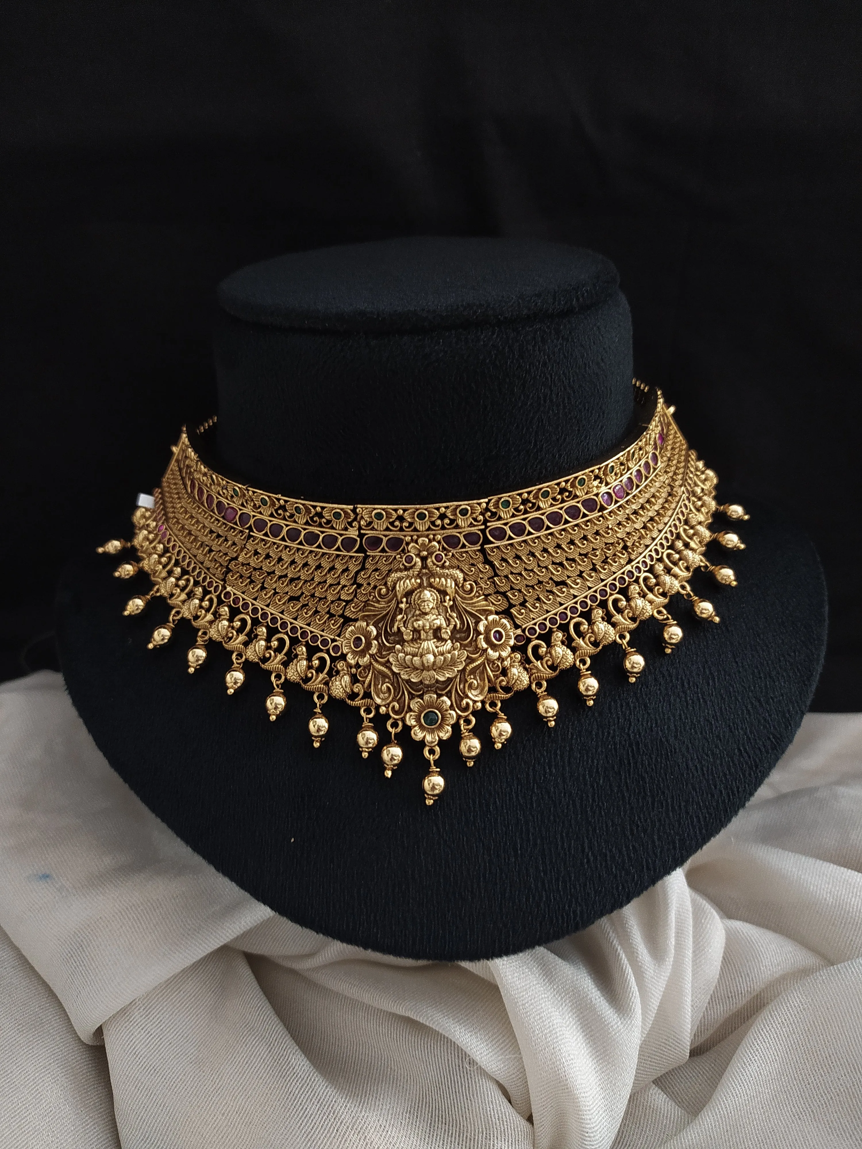 Antique Floral-Peacock Designed Gold Lakshmi Choker Set with Earrings