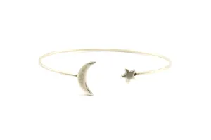 Antique Silver Moon Star Cuff, 1 Antique Silver Plated Brass Open Bangles With Moon And Star Ending BS 2028 H0330