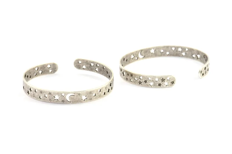 Antique Silver Moon Stars Cuff, 2 Antique Silver Plated Open Bangles with Moon and Stars BRC150