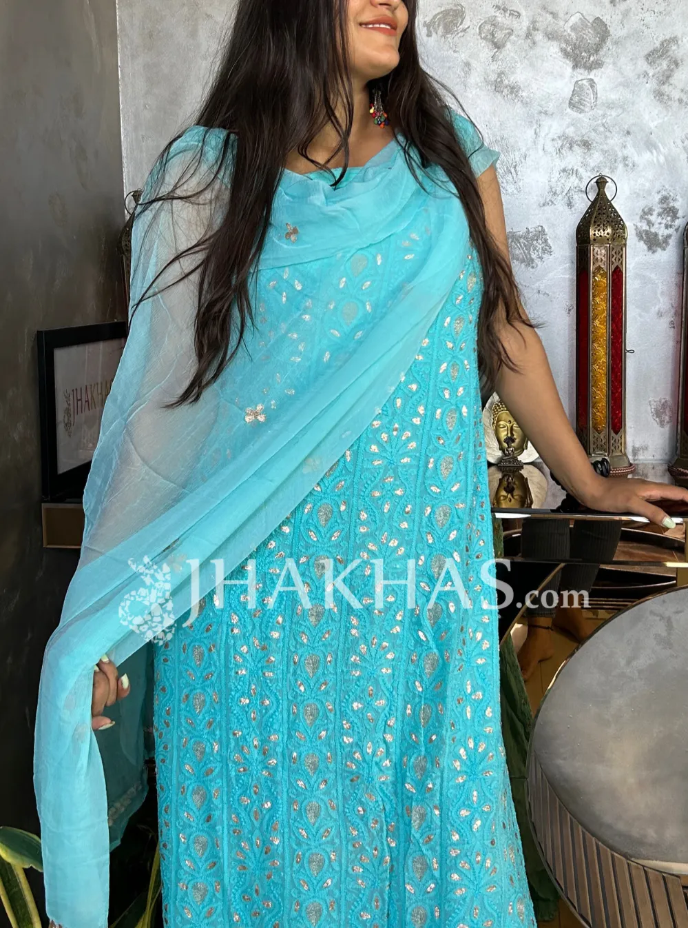 Aqua Blue Heavy Chikankari Fancy Gota Unstitched Salwar Suit Material