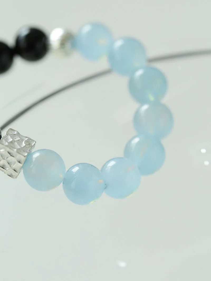 Aquamarine Black Agate Color Block Silver Bracelet