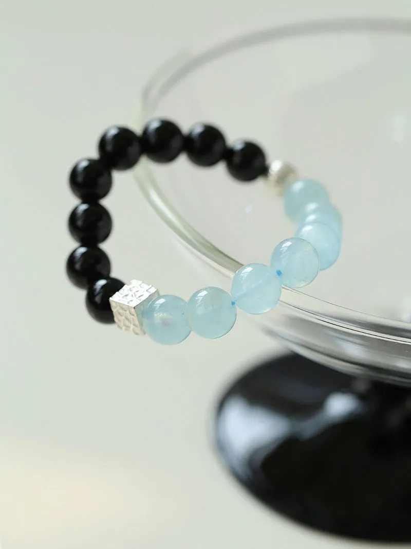 Aquamarine Black Agate Color Block Silver Bracelet