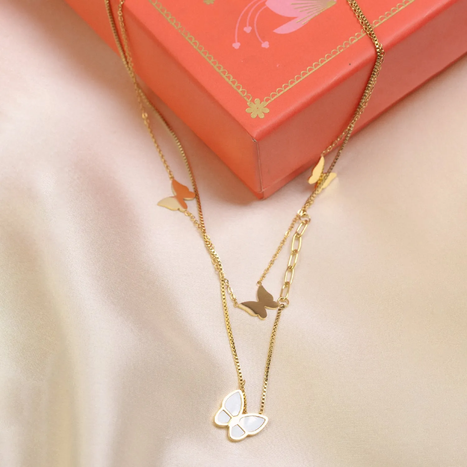 Artklim Gold Plated Double Layered Butterfly Pendant Necklace