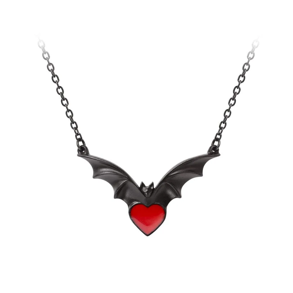 Bat Pendant Necklace With Blood Red Heart