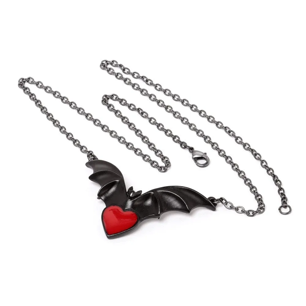 Bat Pendant Necklace With Blood Red Heart