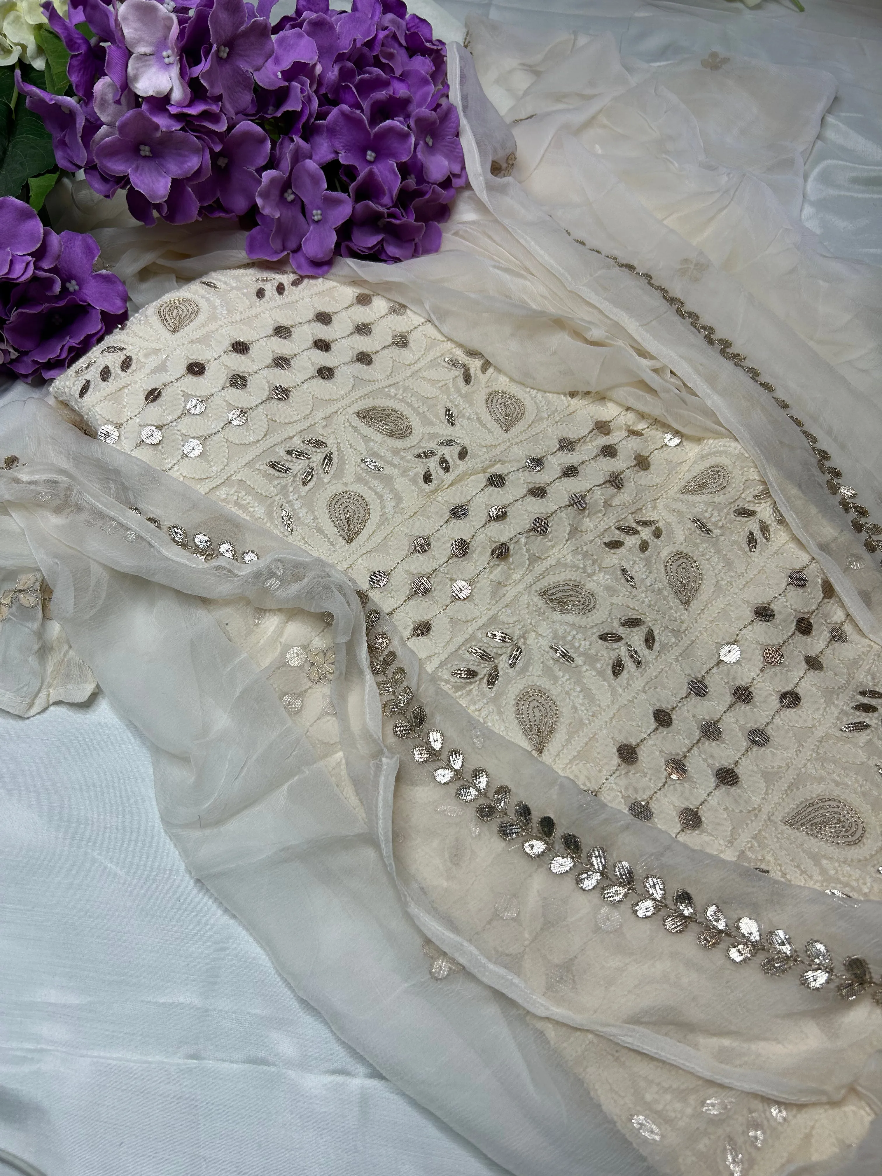 Beautiful Cream Colour Chikankari Gota Patti Unstitched Salwar Kameez