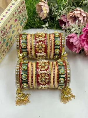 Beautiful Red And Green Kundan Rajwadi Chooda Set