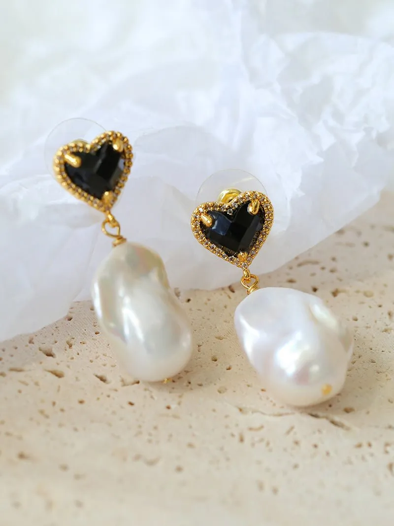 Black Heart-shaped Baroque Pearl Earrings