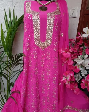 Bold Pink Lakhnawi Chikankari Gota Patti Designer Salwar Suit Material(Unstitched)