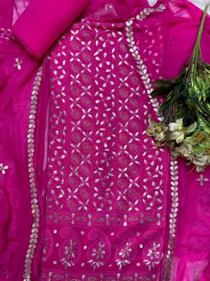 Bold Pink unique Chikankari work gota embroidery salwar kameez unstitched