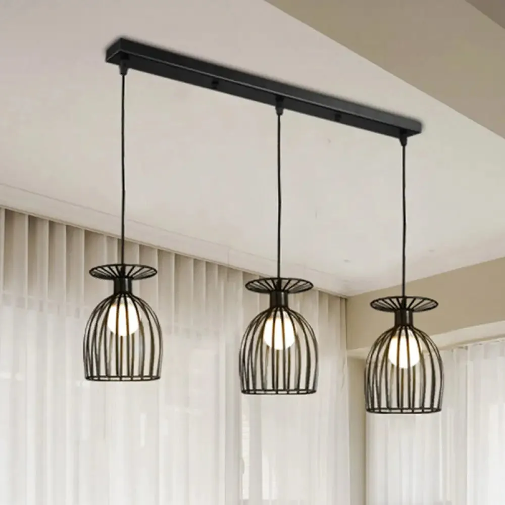 Cage Shade Pendant Light Fixture - Wine Glass & Metal Industrial Ceiling Light for Dining Room (Black/White, 3 Lights)