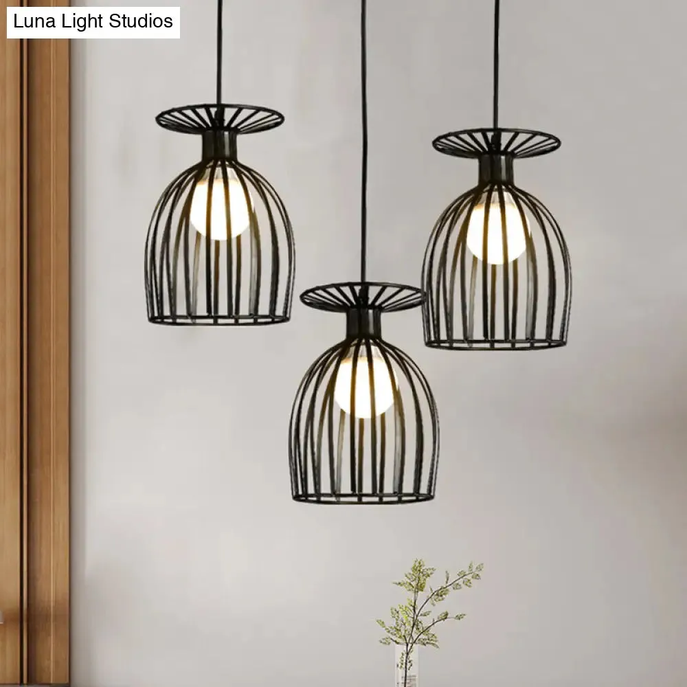 Cage Shade Pendant Light Fixture - Wine Glass & Metal Industrial Ceiling Light for Dining Room (Black/White, 3 Lights)