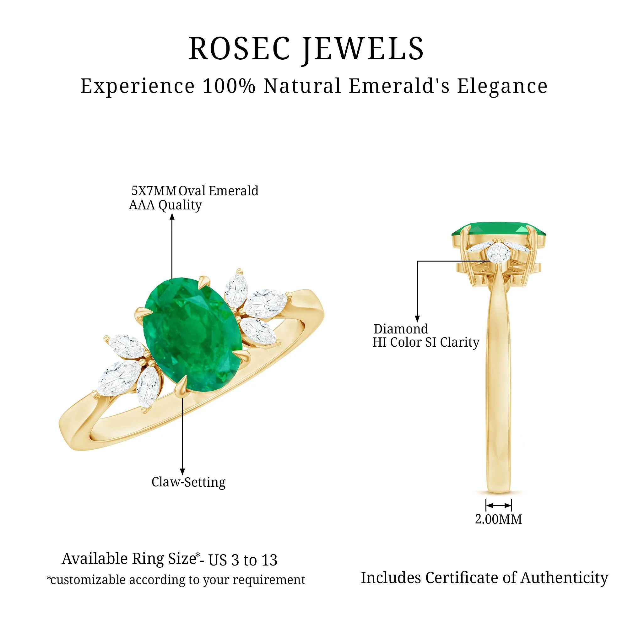 Claw Set Oval shape Emerald Solitaire Ring with Marquise Diamond Trio