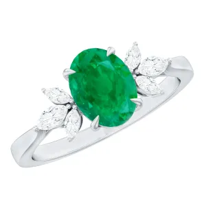 Claw Set Oval shape Emerald Solitaire Ring with Marquise Diamond Trio