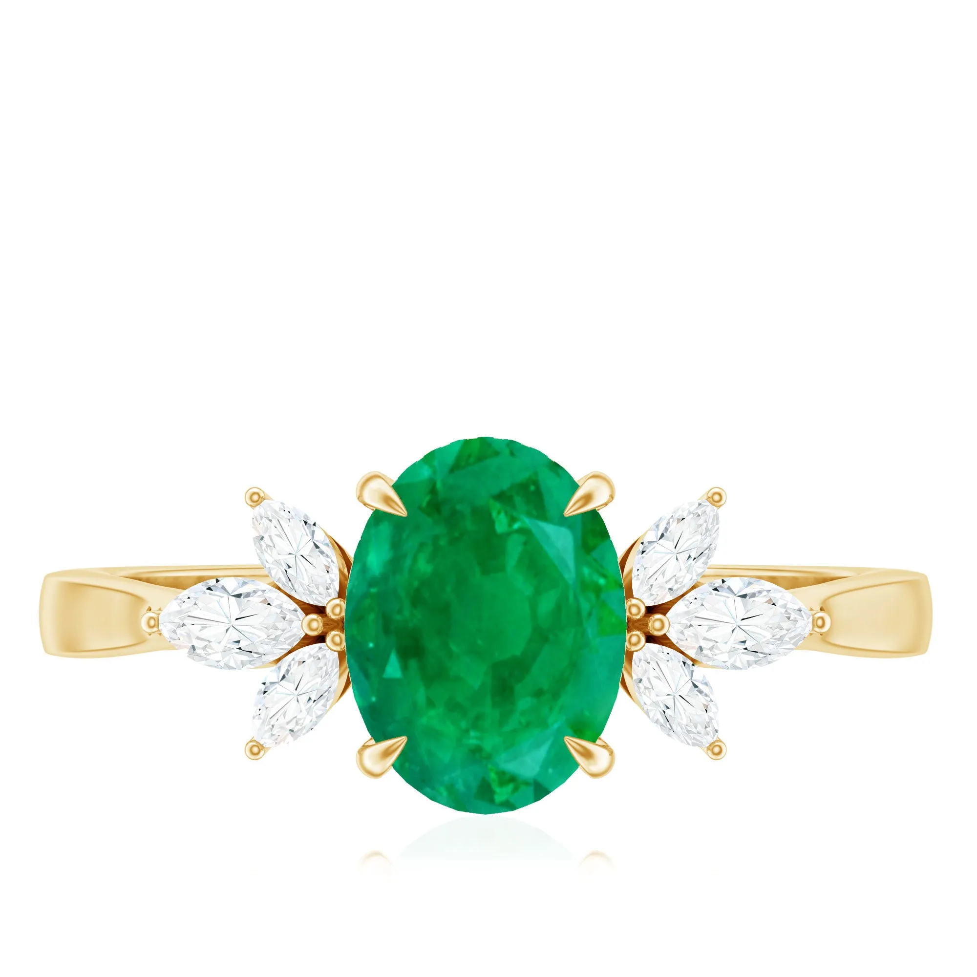 Claw Set Oval shape Emerald Solitaire Ring with Marquise Diamond Trio