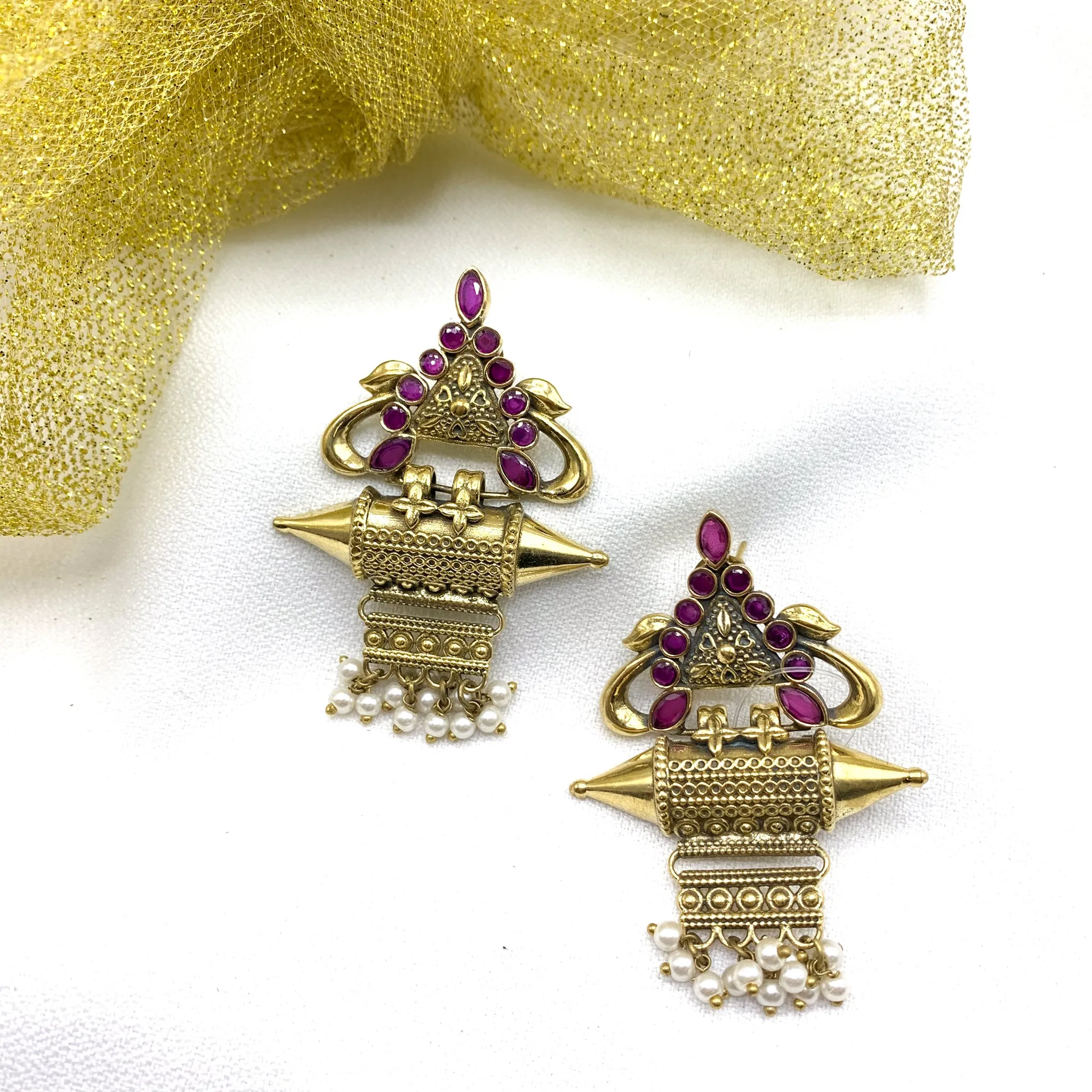 Contemporary Artisan Amrapali Style Antique Gold Earring in Victorian Finish