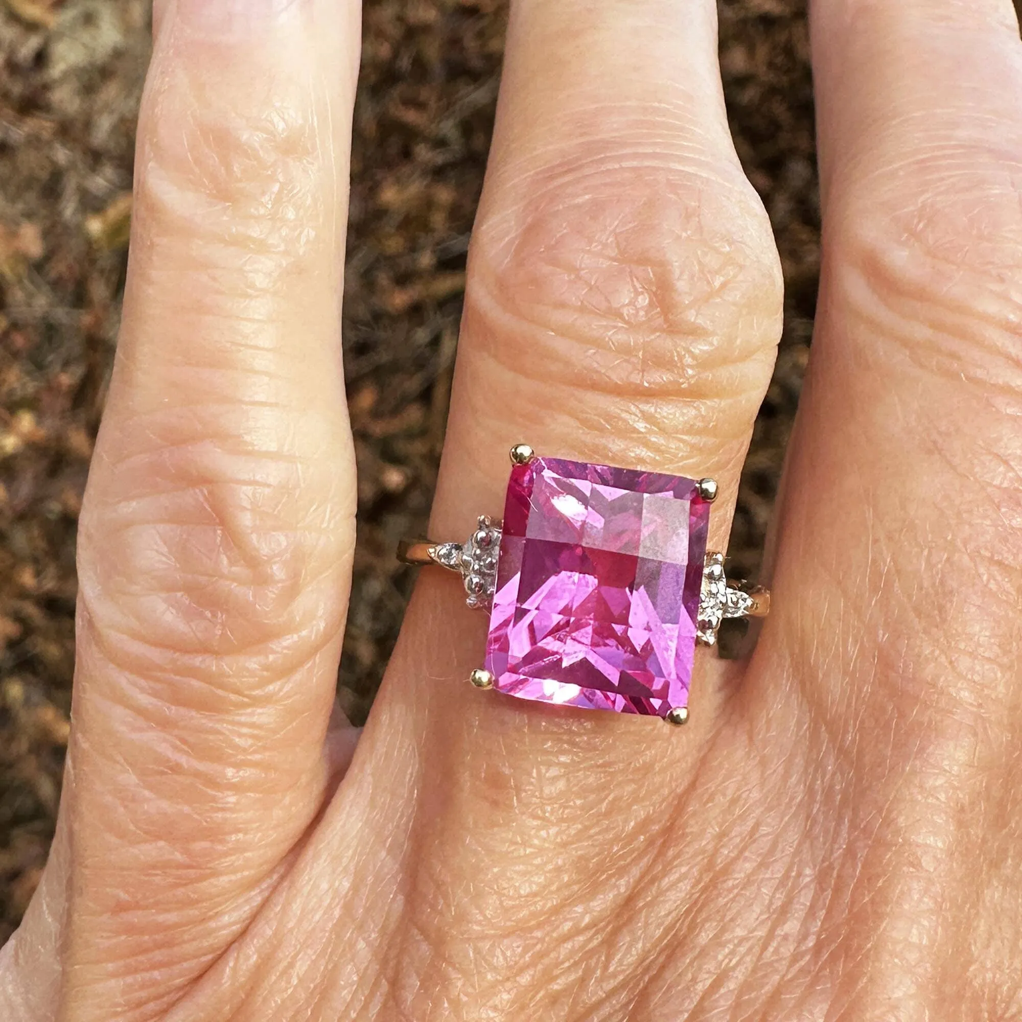 Diamond Fancy Cut Checkerboard Pink Sapphire Ring in Gold