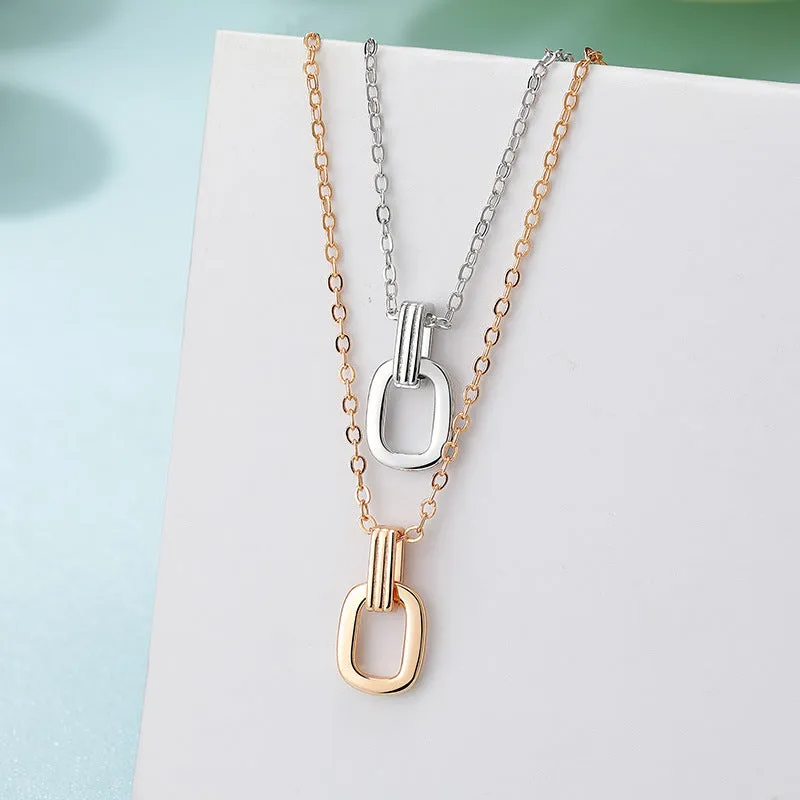 Double Rectangle Interlocking Pendant Silver Necklace for Women