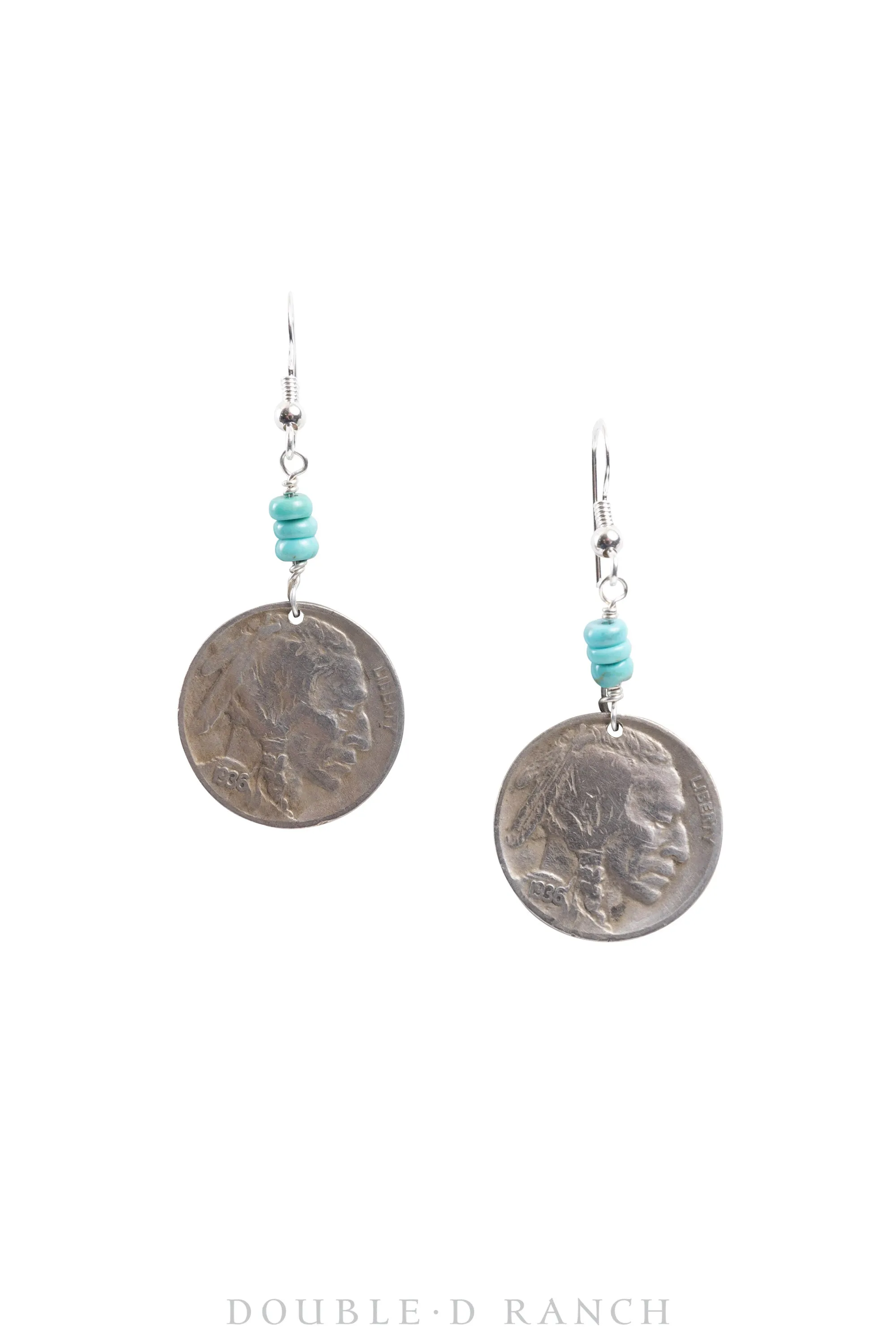 Earrings, Dangle, Turquoise & Buffalo Nickel, Coin, Contemporary, 1496