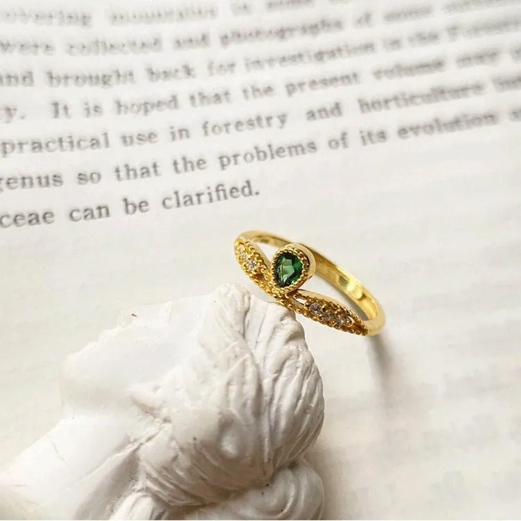 Emerald Pendant Ring, Gold Plated S925 Silver | Vintage Inspired