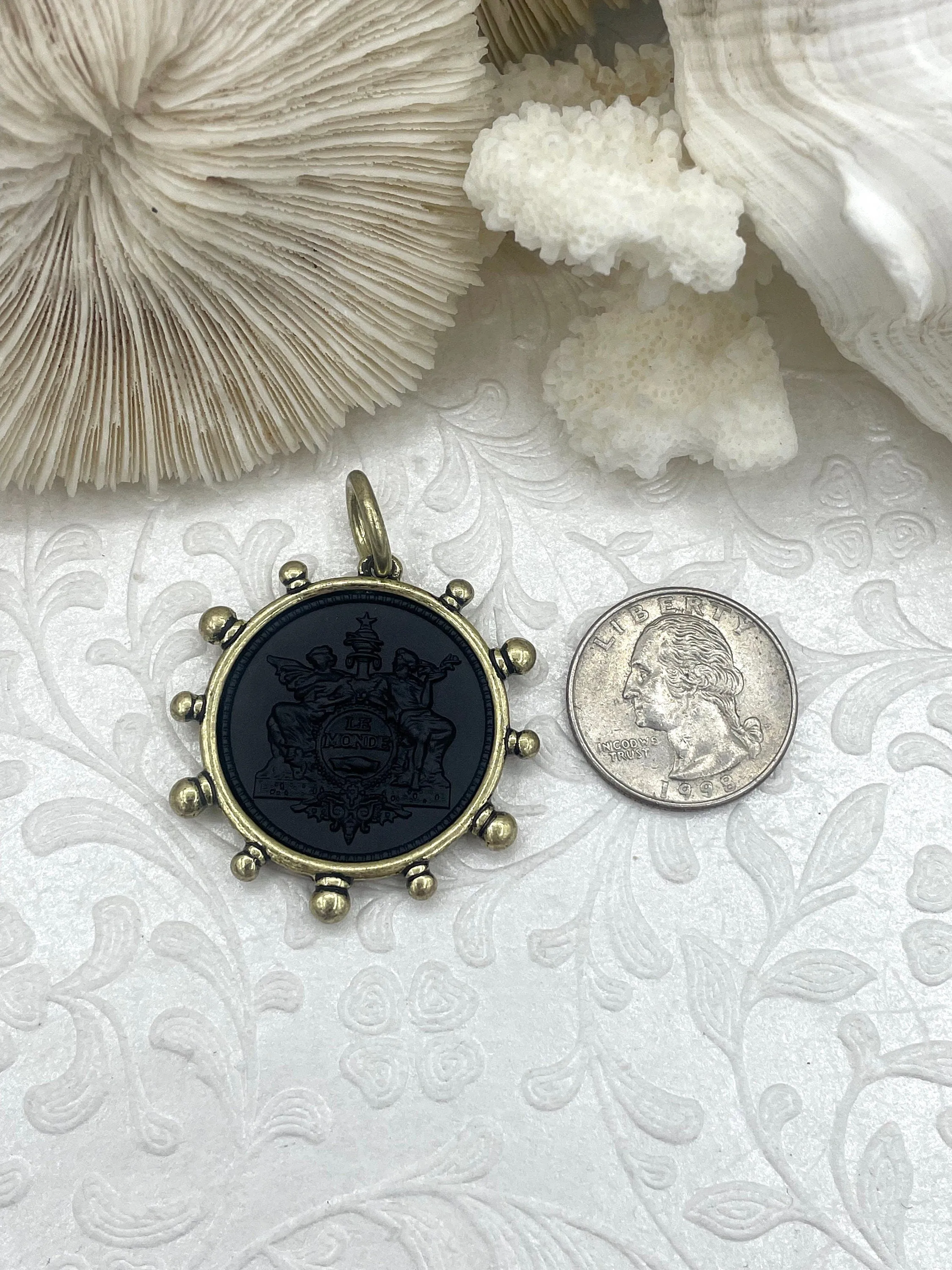 French Coin Pendant, French Angel Life Insurance Replica Coin, Matte Black Coin, 4 bezel colors, French Art Deco Coin, Fast Ship