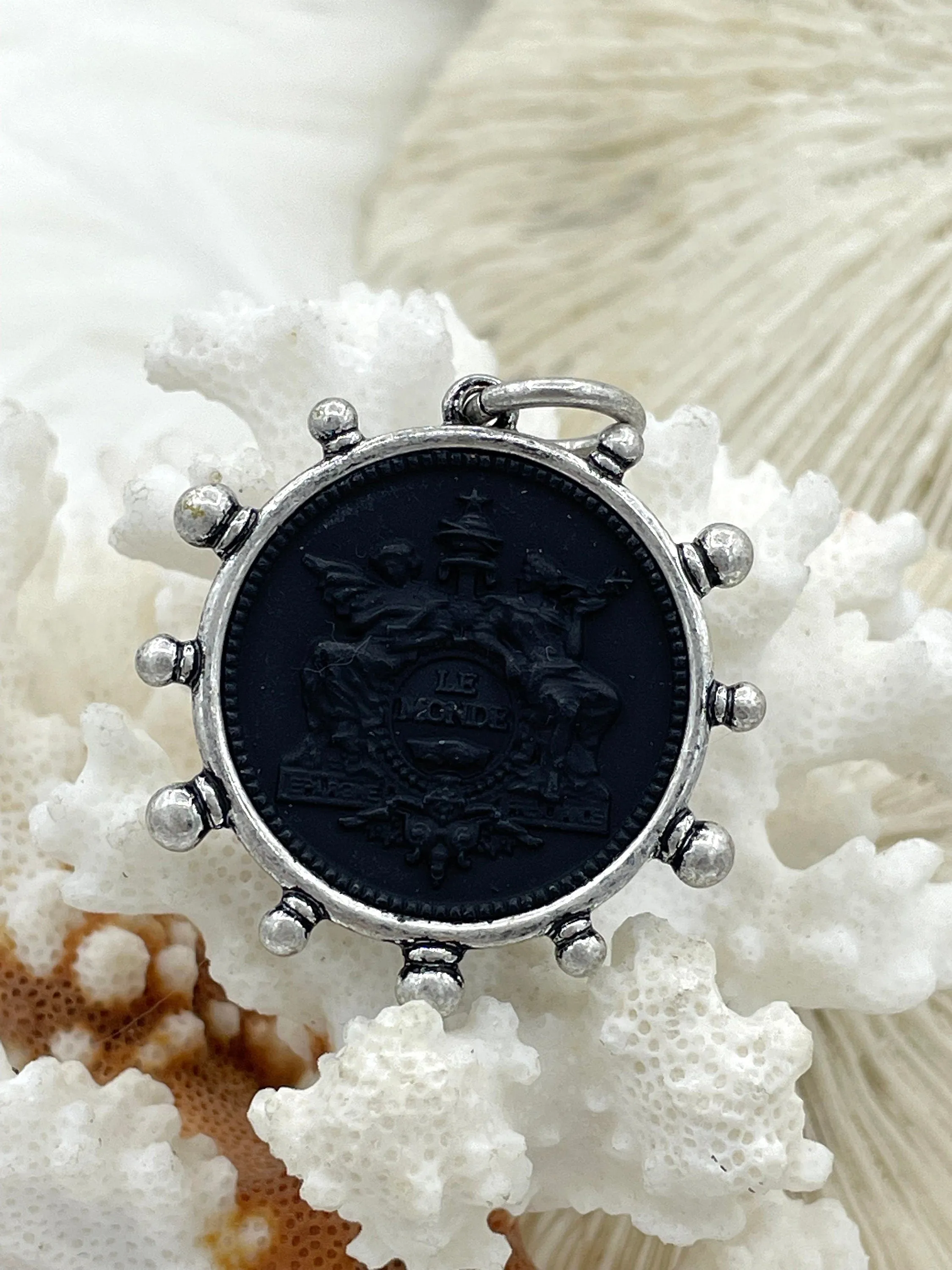 French Coin Pendant, French Angel Life Insurance Replica Coin, Matte Black Coin, 4 bezel colors, French Art Deco Coin, Fast Ship